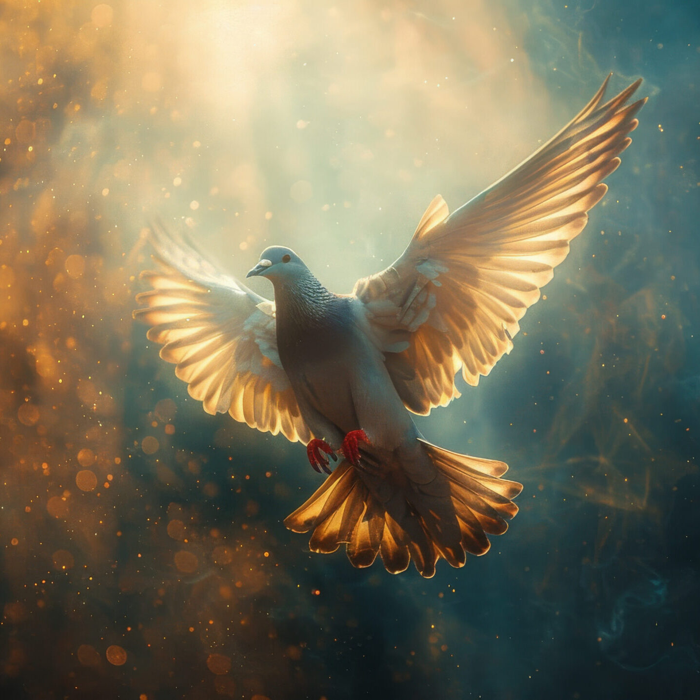 A white dove soars through the sky with the sun shining brightly in the background.